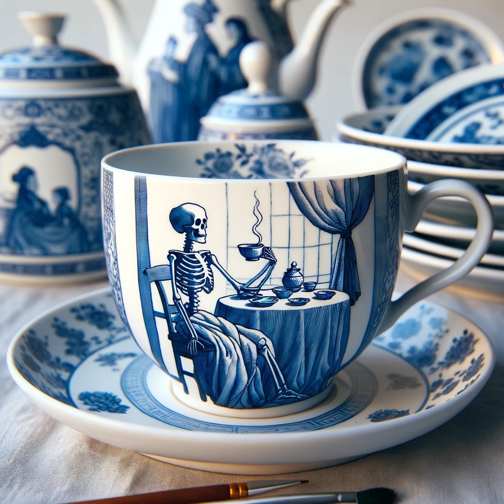 [The following image description was generated by ChatGPT, v. 4.] Create an image of a Chinese porcelain teacup with an illustrative line image on it, handpainted with blue paint. The teacup should depict a simplified, illustrative image of a skeleton seated at a table with elegant attire, reminiscent of a Dutch oil painting, sipping from a teacup, with other porcelain dishes around it. The background should be a clothed table with dishes behind it. The artwork on the teacup should mimic the traditional blue and white porcelain patterns, focusing on the lines and forms to suggest a hand-drawn illustration.