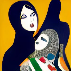 Feminine body in a navy veil holds a veiled child with a shadow behind them against a yellow background.