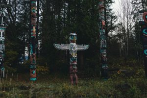 a group of totem poles