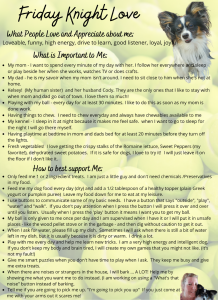 A profile poster for 'Friday Knight Love', featuring sections about what people love and appreciate about him—loveable, funny, high energy, and more—and what is important to him, such as spending time with family and playing with his ball. There are also guidelines on how to best support him, like providing certain types of treats and using communication buttons for his needs. The poster includes an image of a small, fluffy dog with distinctive markings.