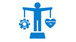 A blue person standing as a scale with the left side as a gear labeled "Important FOR" and on the right side a heart labeled "Important TO".