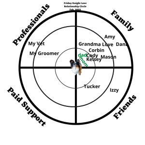 The image displays a relationship circle diagram centered around a dog named Friday Knight. The circle is divided into four quadrants labeled Professionals, Family, Friends, and Paid Support. Each quadrant has names indicating Friday Knights's connections, such as 'My Vet', 'Grandma Love', and 'Izzy', and 'Tucker'. Friday Knight's photo is at the center of the circle. Below the diagram are questions for reflection about relationships and notes for actions, suggesting ways to make more friends, especially dog friends, and to spend more time with other people.