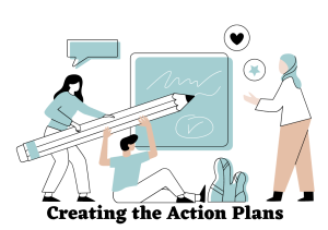 A stylized vector illustration on a black background depicting three people collaborating on a project. One individual is holding a giant pencil, another is supporting it, and the third person, wearing a hijab, is interacting with a large display board that shows a checkmark and a graph. The scene conveys teamwork and creative problem-solving in a professional setting.