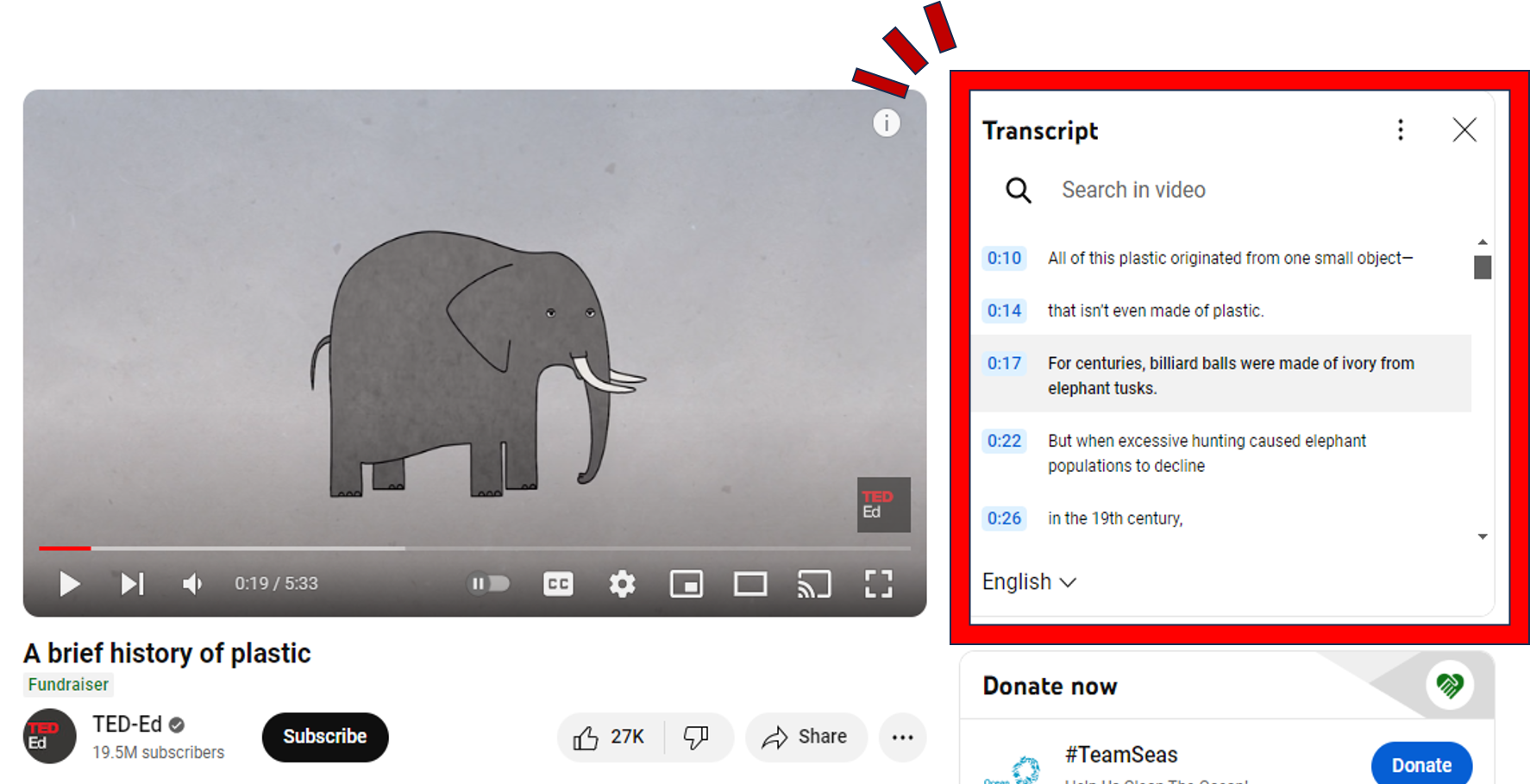 Screenshot of a youtube video with the red rectangle around the transcript box