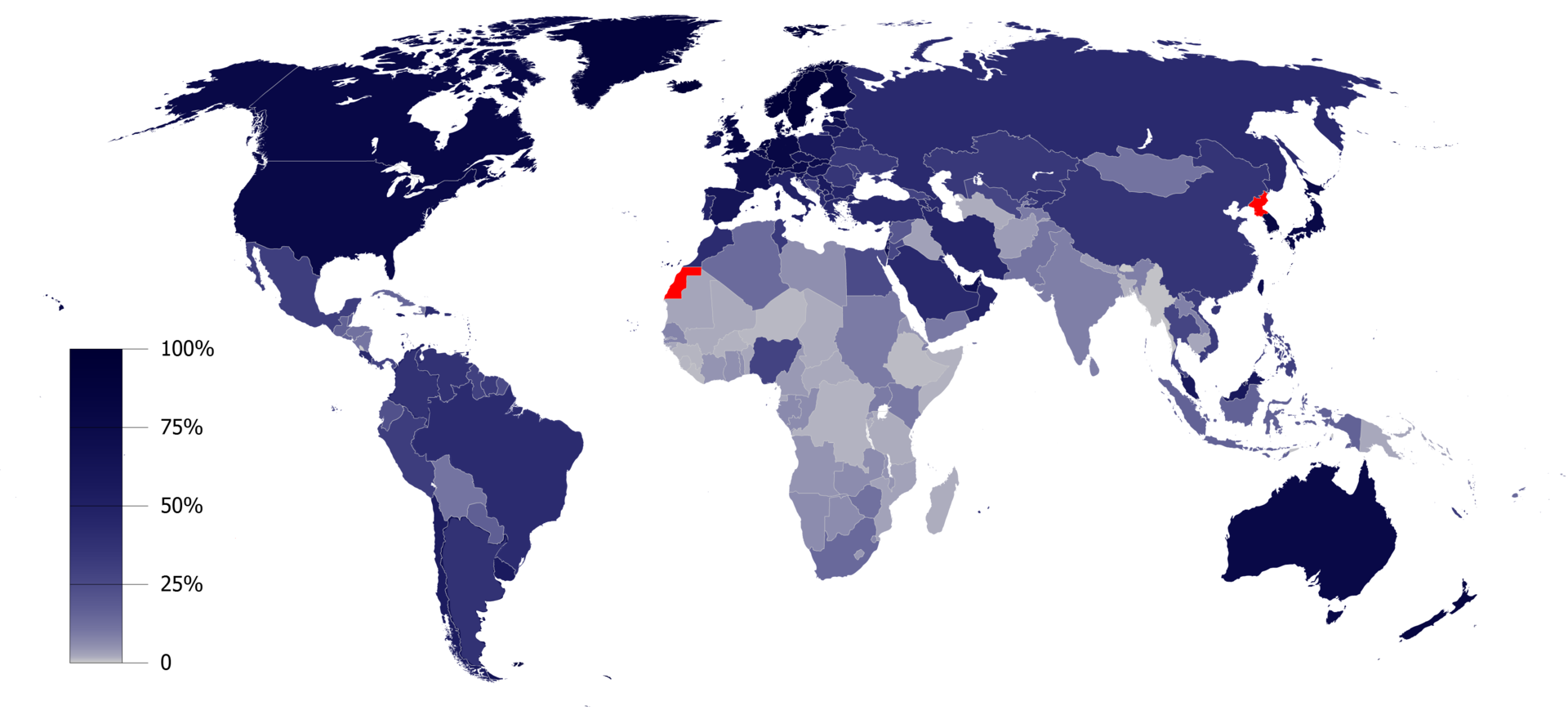 Map of the world showing high internet penetration in developed nations, lower saturation in developing countries.