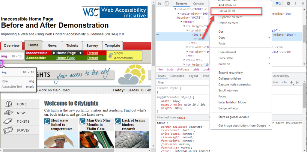 Cliquez avec le bouton droit de la souris sur le code à modifier, puis sélectionnez « Edit as HTML » (Modifier au format HTML)