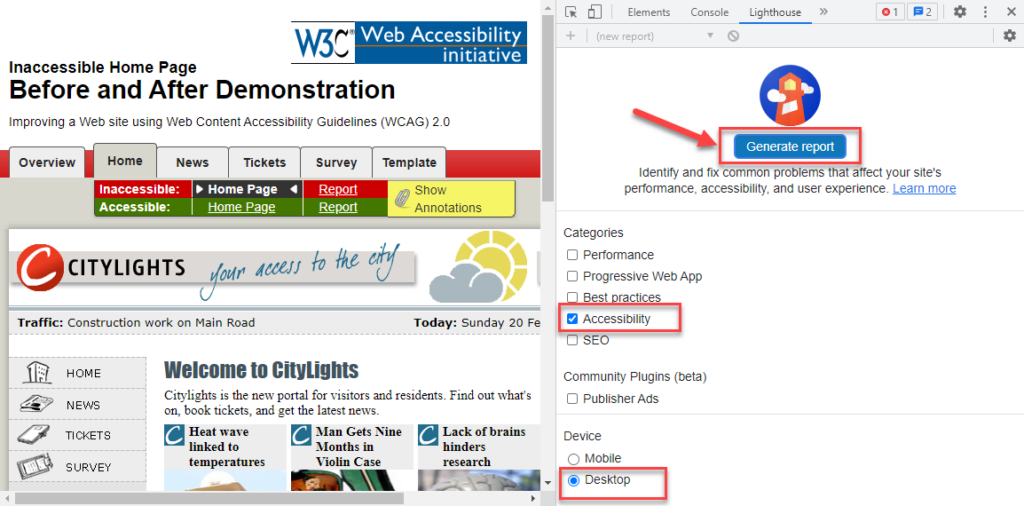 Cochez « Accessibility » (accessibilité), « Desktop » (bureau), puis cliquez sur « Generate report » (générer un rapport).