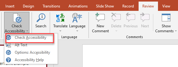 Capture d’écran de PowerPoint – sélectionnez l’onglet « Révision », puis sélectionnez « Vérifier l’accessibilité »
