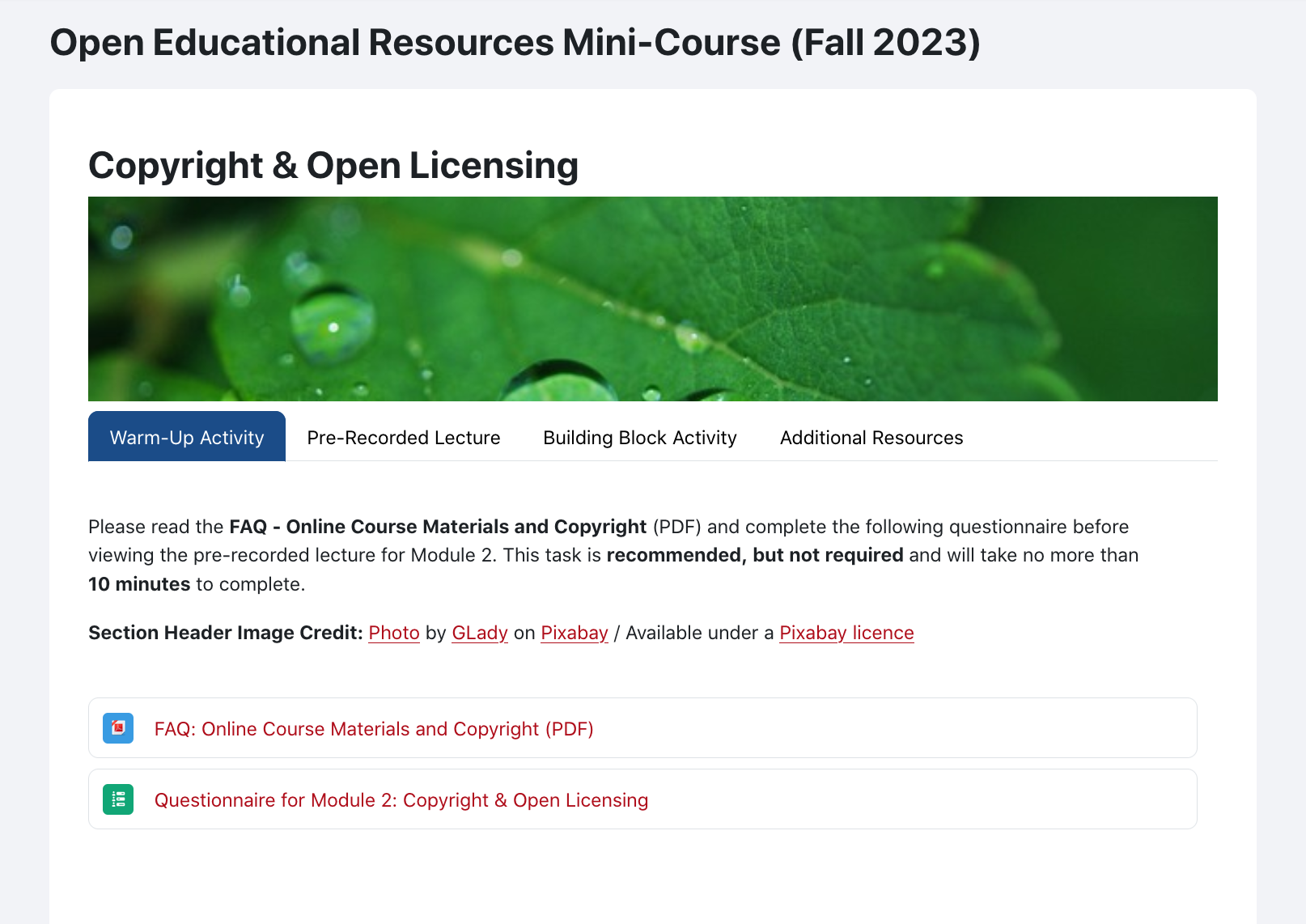 Module 2: Copyright and Open Licensing layout in eClass with 4 distinct sections: Warm-up activity, Pre-recorded lecture, Building Block activity, and Additional resources.