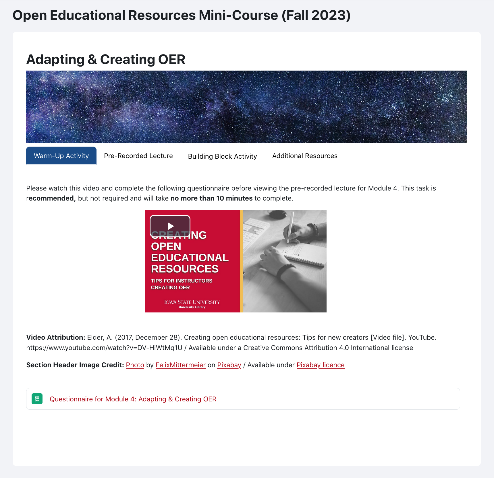 Landing page for Module 4: Adapting and creating OER. It shows the 4 distinct components - Warm-Up Activity, Pre-recorded lecture, Building block activity, and additional resources.