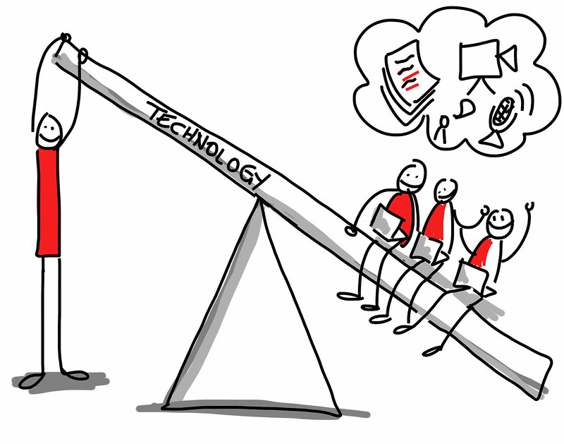 a stick figure holds one end of a teeter totter, labelled technology, while 3 students or users sit on the opposite end, with a thought bubble over their heads that shows documents, videos, sound and speech.