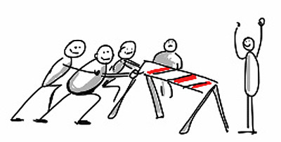 A cartoon/doodle of people pushing a barrier out of the way