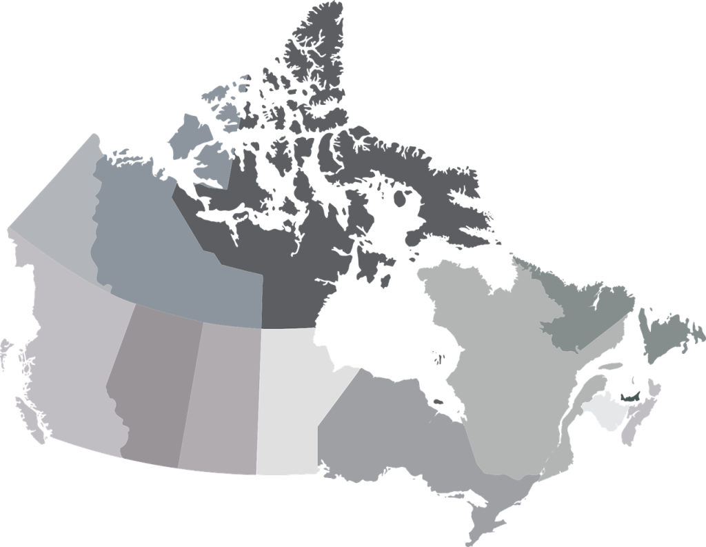 Map of Canada with varying shades of grey to distinguish each province and territory.