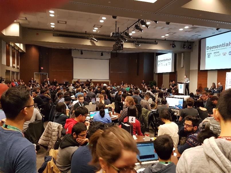 Image of crowded room at Dementia Hack 2017 at MaRS