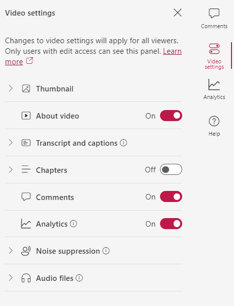 Microsoft Stream video settings displaying Transcripts and Captions that can be edited