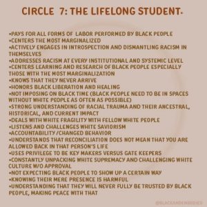 CIRCLE 7: THE LIFELONG STUDENT. •PAYS FOR ALL FORMS OF LABOR PERFORMED BY BLACK PEOPLE •CENTERS THE MOST MARGINALIZED •ACTIVELY ENGAGES IN INTROSPECTION AND DISMANTLING RACISM IN THEMSELVES •ADDRESSES RACISM AT EVERY INSTITUTIONAL AND SYSTEMIC LEVEL •CENTERS LEARNING AND RESEARCH OF BLACK PEOPLE ESPECIALLY THOSE WITH THE MOST MARGINALIZATION •KNOWS THAT THEY NEVER ARRIVE •HONORS BLACK LIBERATION AND HEALING •NOT IMPOSING ON BLACK TIME (BLACK PEOPLE NEED TO BE IN SPACES WITHOUT WHITE PEOPLE AS OFTEN AS POSSIBLE) •STRONG UNDERSTANDING OF RACIAL TRAUMA AND THEIR ANCESTRAL, HISTORICAL, AND CURRENT IMPACT •DEALS WITH WHITE FRAGILITY WITH FELLOW WHITE PEOPLE •LISTENS AND CHALLENGES WHITE SAVIORISM •ACCOUNTABILITY/CHANGED BEHAVIOR •UNDERSTANDS THAT RECONCILIATION DOES NOT MEAN THAT YOU ARE ALLOWED BACK IN THAT PERSON'S LIFE •USES PRIVILEGE TO BE KEY MAKERS VERSUS GATE KEEPERS •CONSTANTLY UNPACKING WHITE SUPREMACY AND CHALLENGING WHITE CULTURE W/O APPROVAL •NOT EXPECTING BLACK PEOPLE TO SHOW UP A CERTAIN WAY •KNOWING THEIR MERE PRESENCE IS HARMFUL •UNDERSTANDING THAT THEY WILL NEVER FULLY BE TRUSTED BY BLACK PEOPLE, MAKING PEACE WITH THAT