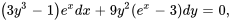 (3y^3-1)e^x dx+9y^2(e^x-3)dy = 0,