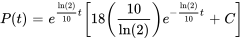 P(t)=e^((ln(2))/10 t) [18(10/(ln(2)) )e^(-(ln(2))/10 t) +C]