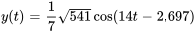 y(t) = 1/7sqrt(541) cos(14 t - 2.697)