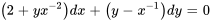 (2+yx^(-2))dx+(y-x^(-1))dy=0