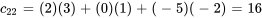 c_ = (2)(3)+(0)(1)+(-5)(-2)=16