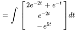 =int \ [(2e^(-2t)+e^(-t)),(e^(-2t)),(-e^(5t))] dt