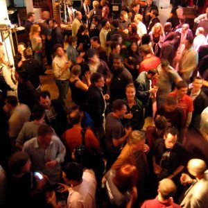 Photo of crowd of people from above at a night club