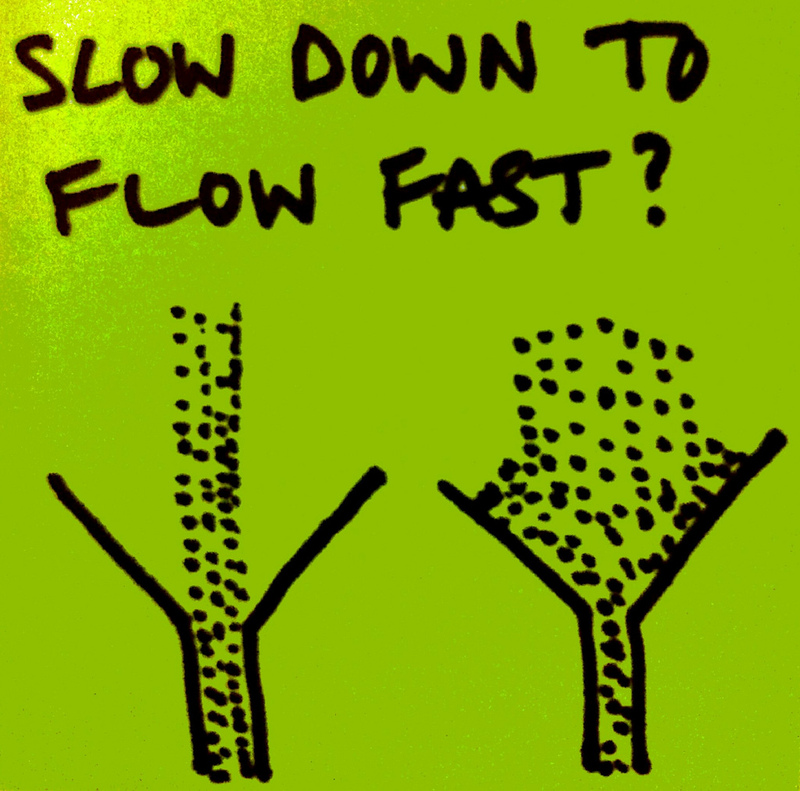 basic diagram of particles entering a funnel with text that says "slow down to flow fast?"