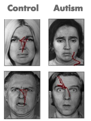 4 black and white photos of people's faces with red lines tracking around the face