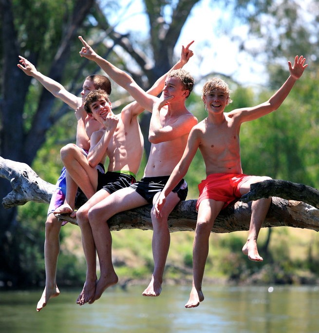 Photo of four adolescent boys sitting on a tree branch above the water