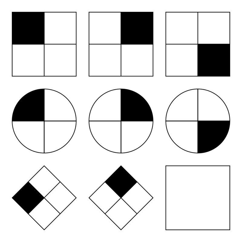 a collection of shapes with sections inside filled in