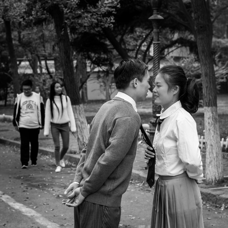 black and white photo of two people in a park about to kiss