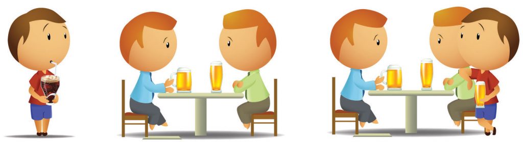 Illustration of people sitting at a table having drinks, one person is standing by themselves with their drink looking sad