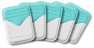 A set of five prewrapped intraoral dental X-ray films in white and teal packaging, arranged diagonally.