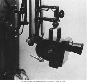 A black and white image of an early 20th-century X-ray tube housing, part of medical radiographic equipment from 1923.