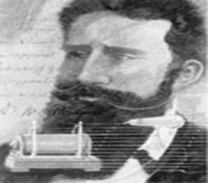 Black and white portrait of Wilhelm Conrad Röntgen, the discoverer of X-rays, with a distinguished beard and mustache, alongside an early X-ray tube apparatus.