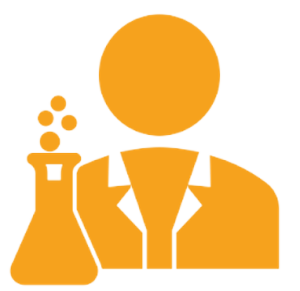 An orange icon of a person in a lab coat with a round head and a flask, symbolizing a scientist or chemical handling.