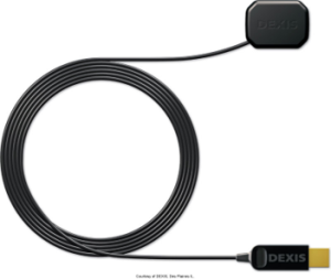 A digital dental X-ray sensor with a long cable and a USB connection, branded with the DEXIS logo.