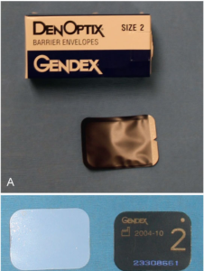 A DenOptix Size 2 barrier envelope box with a Gendex logo, an opened brown barrier envelope, and a DenOptix digital imaging plate labeled with the Gendex brand, size, and serial number.