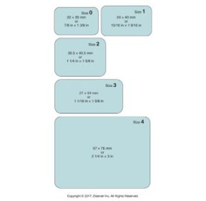 Illustrations of different sizes of intraoral dental X-ray films, ranging from Size 0 to Size 4, each with dimensions provided in both millimeters and inches.