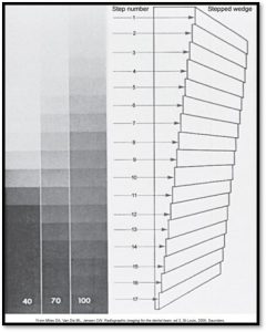 A side-by-side comparison of a graduated radiographic step wedge image with varying densities and a diagram of the step wedge with labeled step numbers, used to assess radiographic quality.