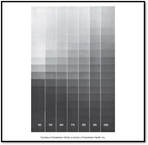 A radiographic step wedge test image displaying varying densities, used to calibrate and evaluate the quality of radiographic exposure, with numerical labels from 40 to 100.