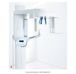 An orthopantomograph (OPG) dental X-ray machine with an integrated control panel and a yellow handle, marked as Model A by Sirona Dental Inc., based in Charlotte, NC, USA.