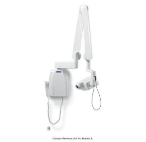 A wall-mounted dental X-ray machine with an adjustable arm and an X-ray head, labeled as Model B, courtesy of Planmeca USA Inc., Roselle, IL.