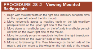 A set of instructions for viewing mounted radiographs, detailing the sequence of examining maxillary and mandibular teeth from various sides of the film mount.