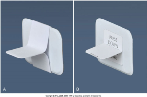 Images of two different styles of bite-wing tab used in dental X-ray procedures: (A) plain and (B) with a "PRESS DOWN" instruction.