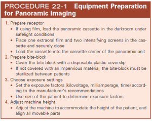 Text box outlining the procedure for equipment preparation for panoramic imaging, including steps for preparing the receptor, bite-block, exposure settings, and machine height adjustment.