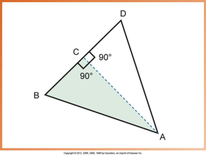 The image shows a diagram of a triangle labeled ABC with a right angle at vertex C and a dotted line segment CD bisecting the right angle.