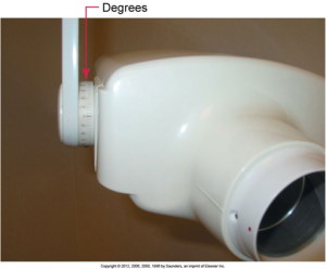 Photo of a dental X-ray machine head with an angle indicator showing degrees for setting vertical angulation.