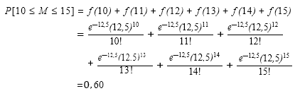 \begin{aligned}P[10 \leq M \leq 15]= &amp; f(10)+f(11)+f(12)+f(13)+f(14)+f(15) \\= &amp; \frac{e^{-12,5}(12,5)^}{10 !}+\frac{e^{-12,5}(12,5)^}{11 !}+\frac{e^{-12,5}(12,5)^}{12 !} \\&amp; +\frac{e^{-12,5}(12,5)^}{13 !}+\frac{e^{-12,5}(12,5)^}{14 !}+\frac{e^{-12,5}(12,5)^}{15 !} \\= &amp; .60\end{aligned}